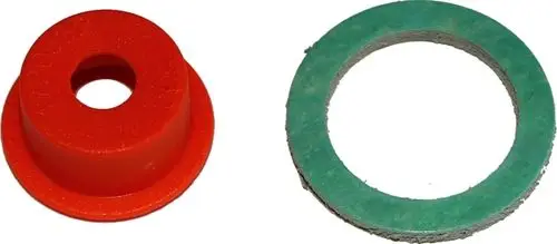 Zwei Dichtungen von Wolf: eine rote gummierte Dichtung mit einem Loch in der Mitte und eine grüne, flache Dichtung. Beide Teile scheinen für Gasanwendungen geeignet zu sein.